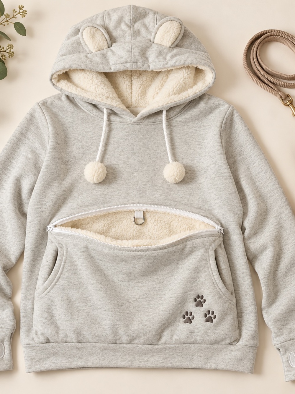 Gray Pet Pouch Hoodie with Fleece-Lined Zip Pocket & Ears | Size L